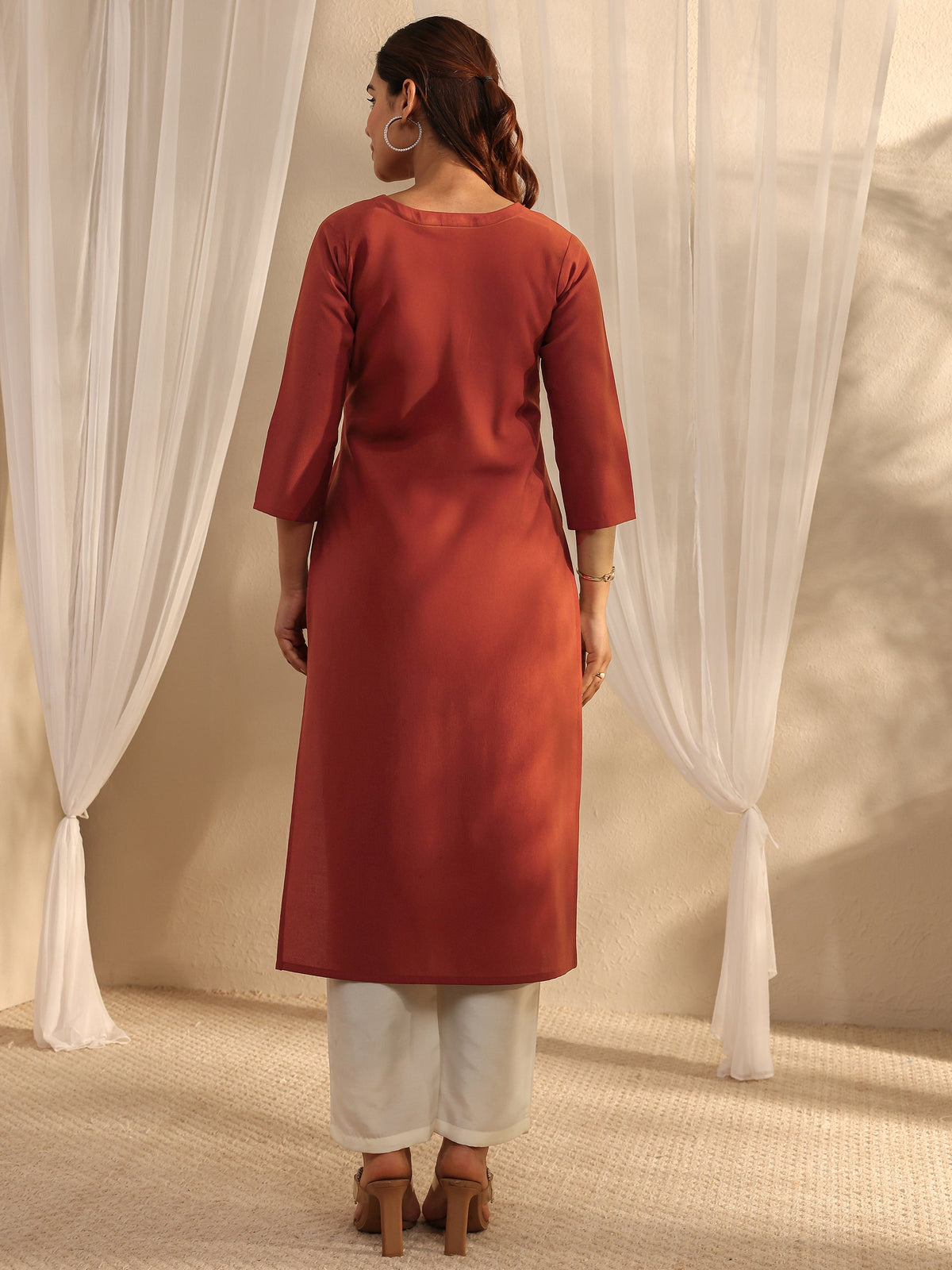 Libas Rust Floral Embroidered Silk Blend Straight Kurta