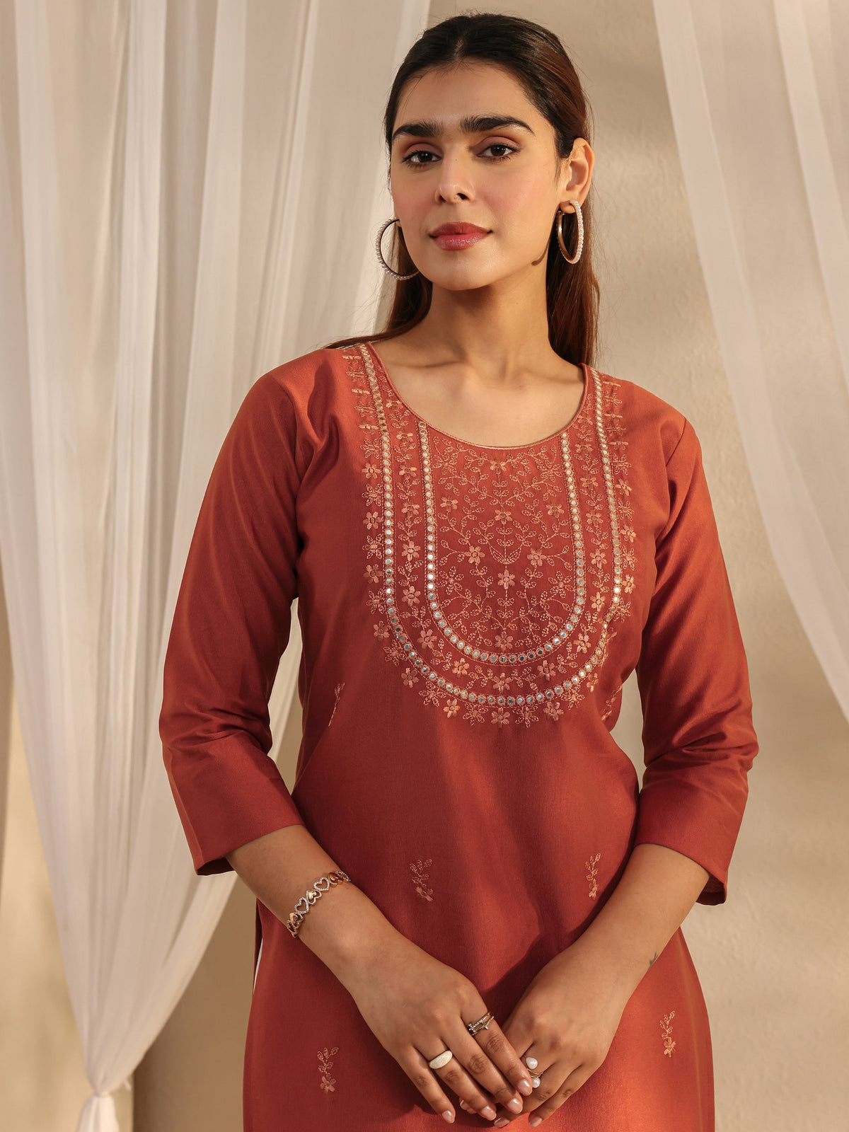 Libas Rust Floral Embroidered Silk Blend Straight Kurta