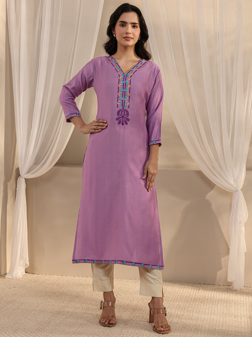 Libas Lavender Embroidered Silk Blend Straight Kurta