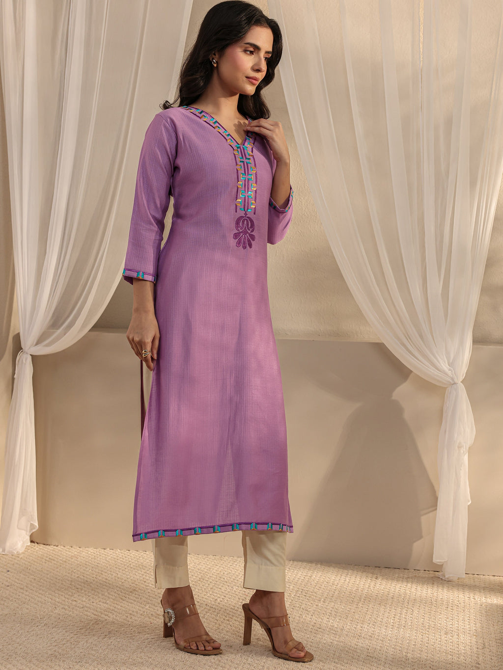 Libas Lavender Embroidered Silk Blend Straight Kurta