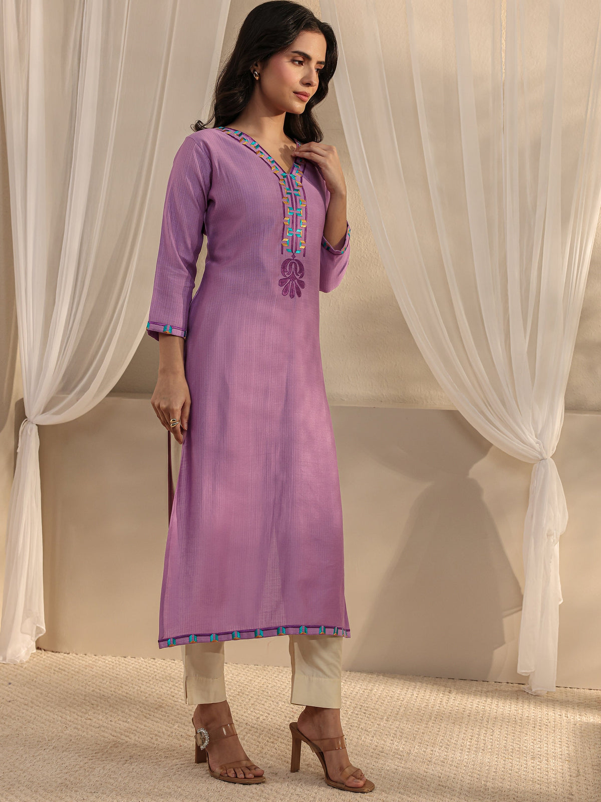 Libas Lavender Embroidered Silk Blend Straight Kurta