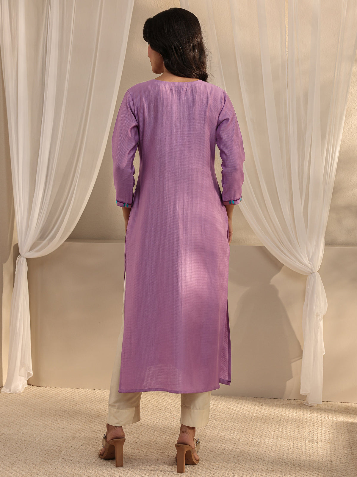 Libas Lavender Embroidered Silk Blend Straight Kurta