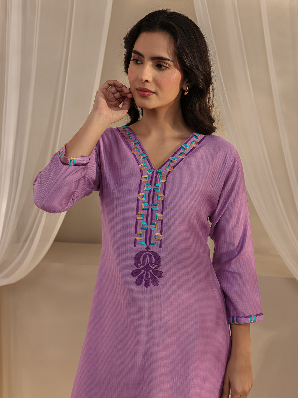 Libas Lavender Embroidered Silk Blend Straight Kurta