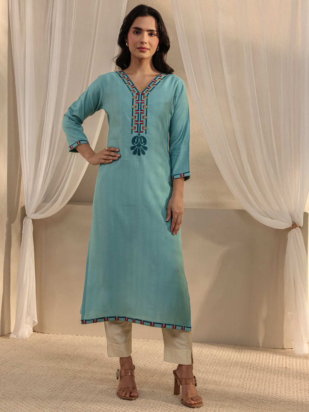 Libas Blue Embroidered Silk Blend Straight Kurta