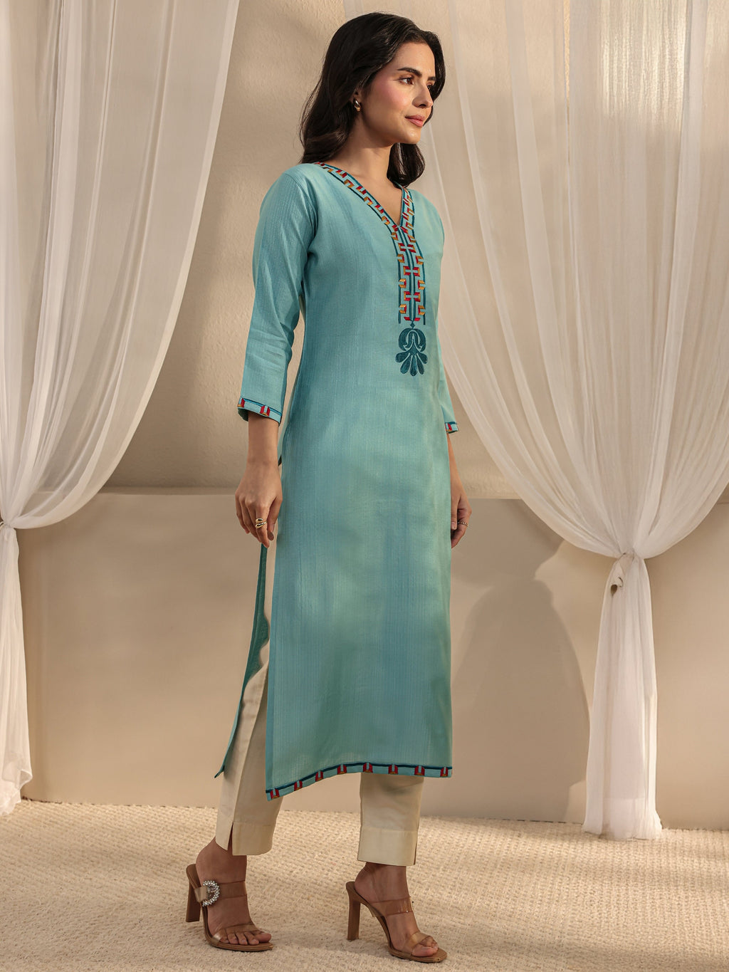 Libas Blue Embroidered Silk Blend Straight Kurta