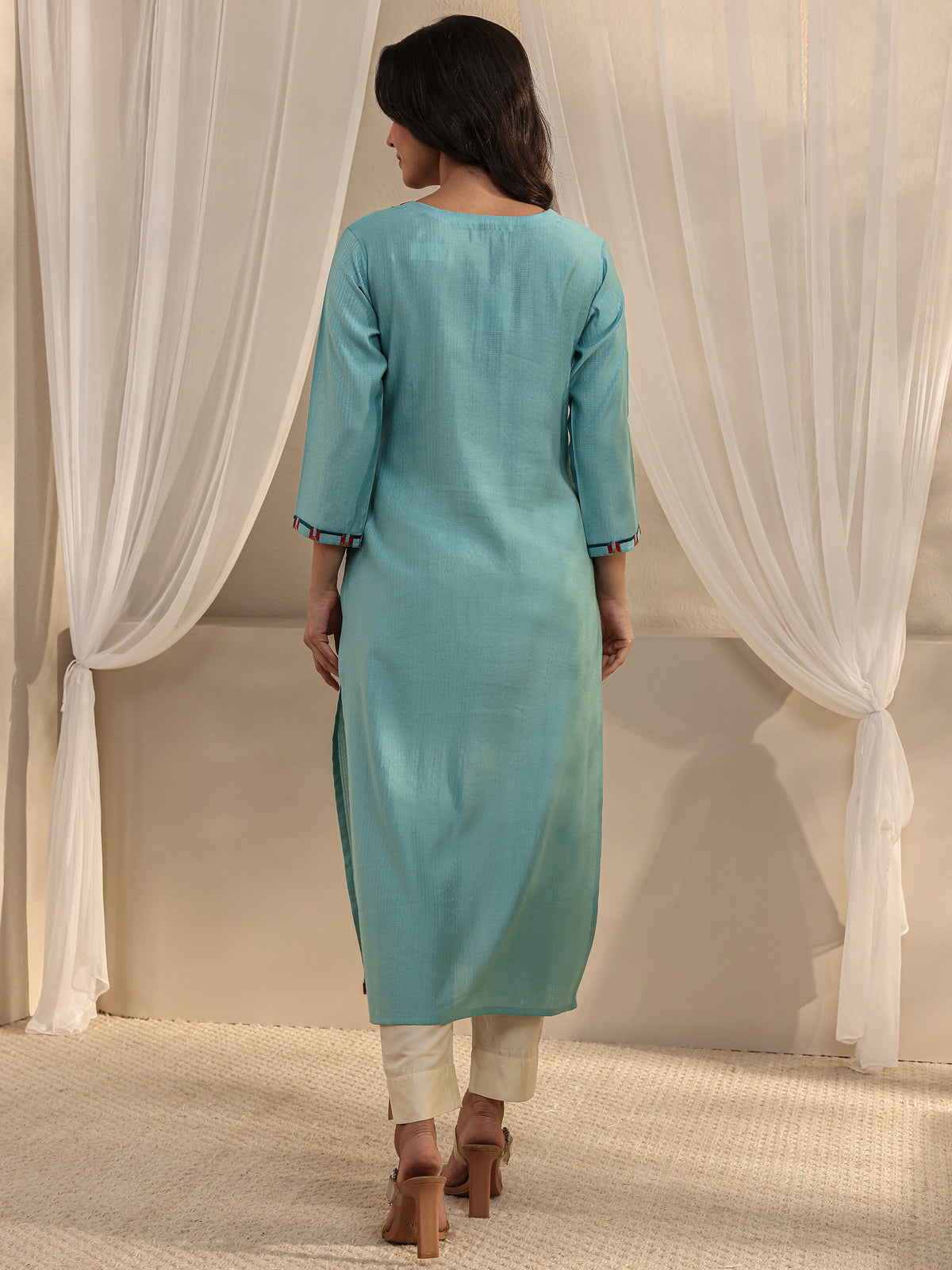 Libas Blue Embroidered Silk Blend Straight Kurta
