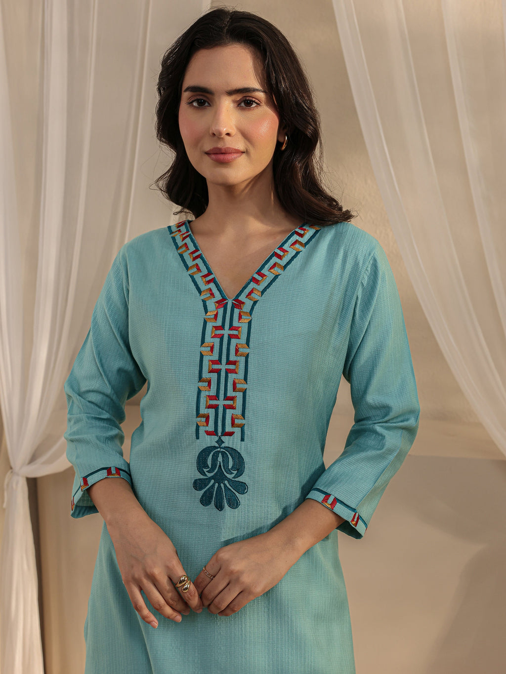 Libas Blue Embroidered Silk Blend Straight Kurta