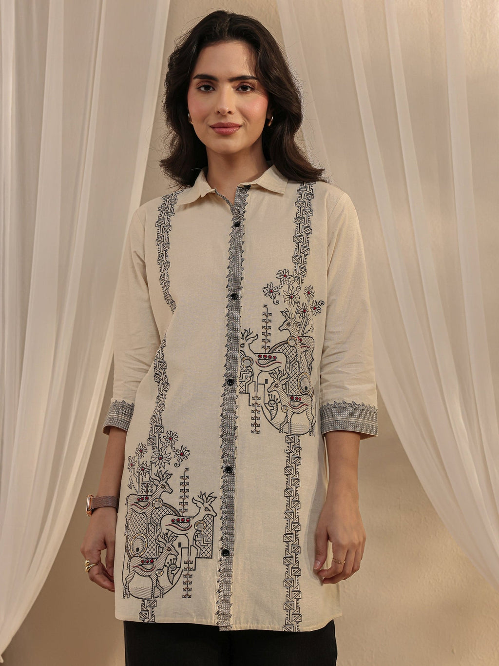 Libas Off White Ethnic Woven Design Cotton Shirt K60