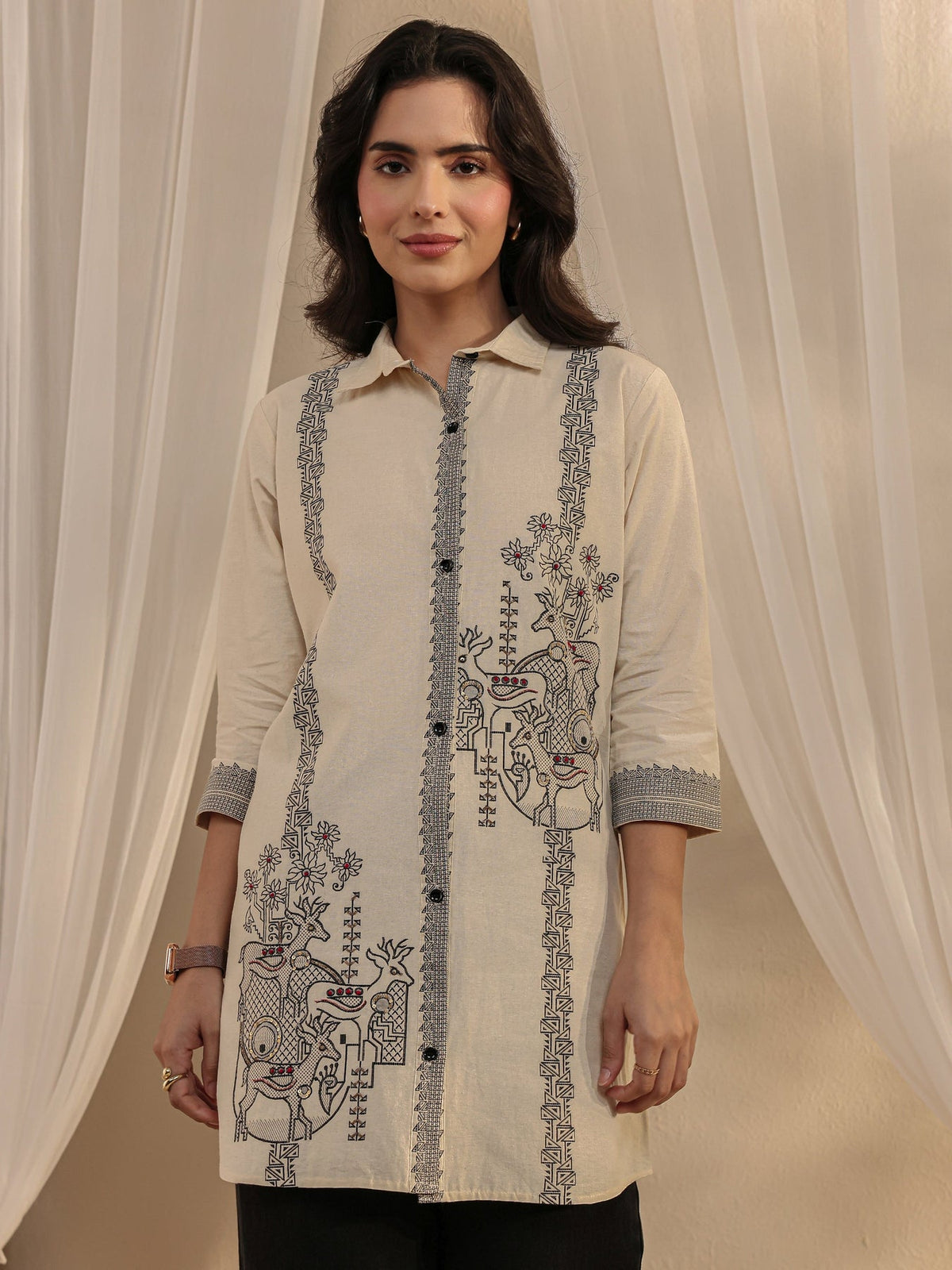 Libas Off White Ethnic Woven Design Cotton Shirt K60