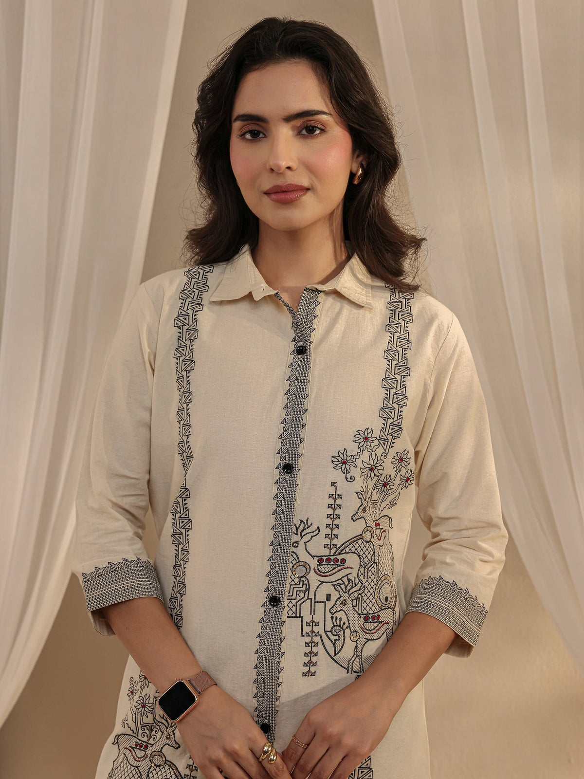 Libas Off White Ethnic Woven Design Cotton Shirt K60