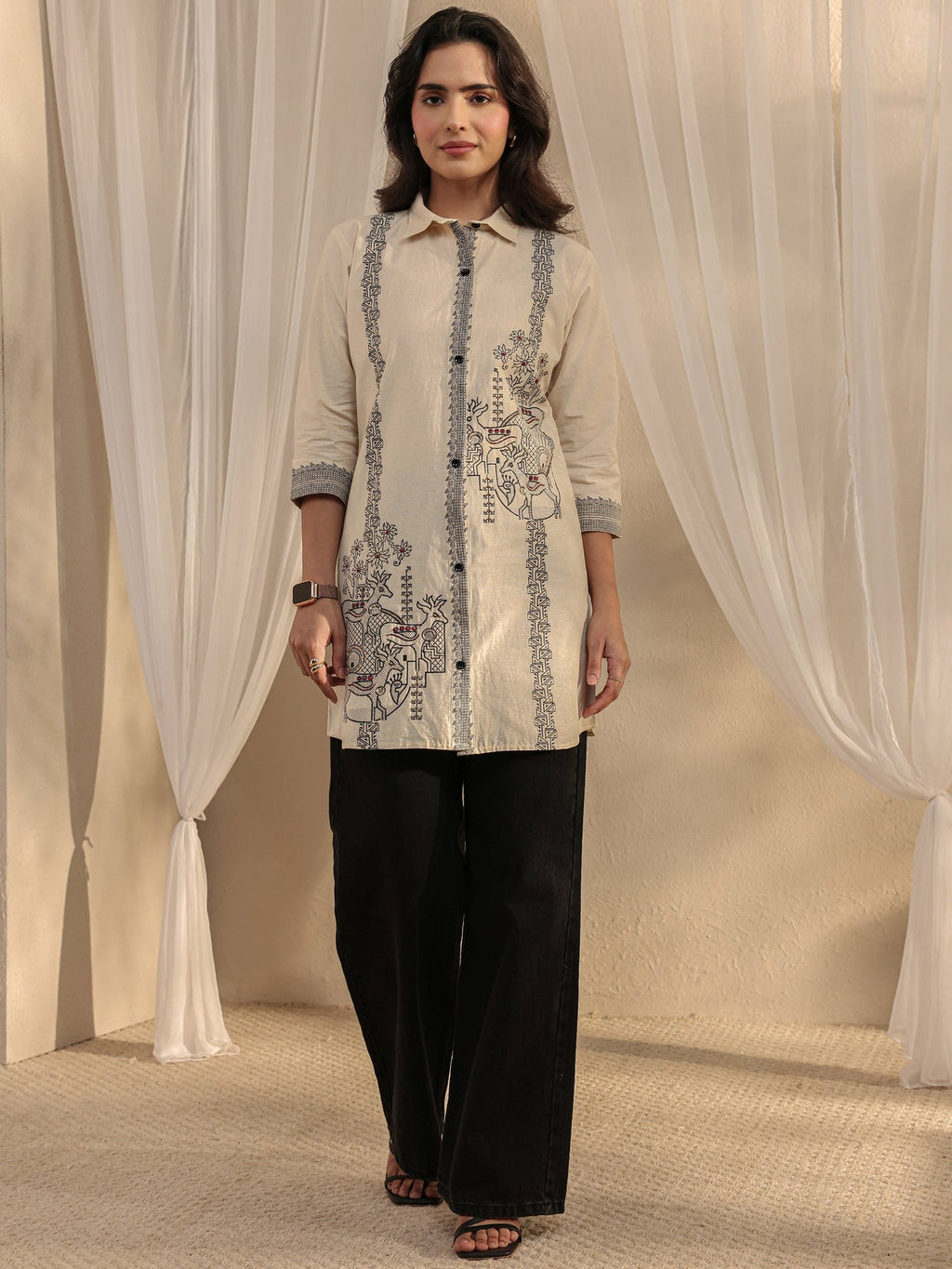 Libas Off White Ethnic Woven Design Cotton Shirt K60