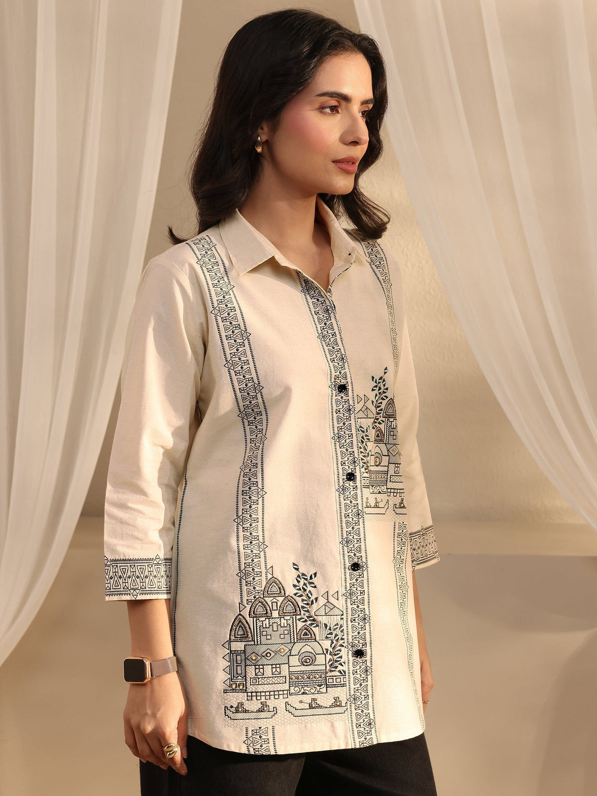 Libas Off White Ethnic Woven Design Cotton Shirt K60