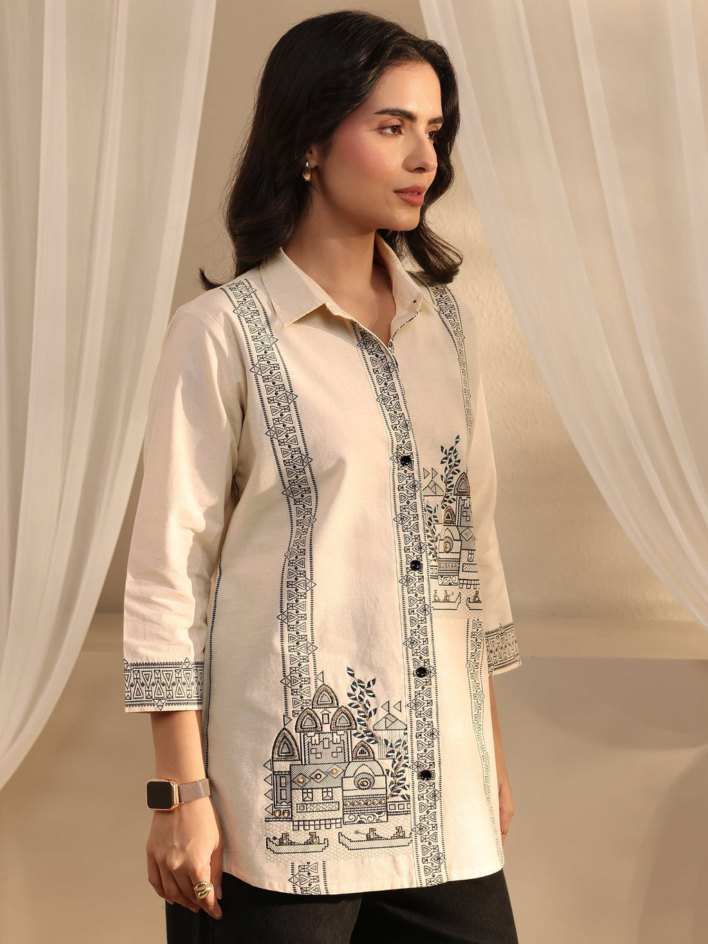 Libas Off White Ethnic Woven Design Cotton Shirt