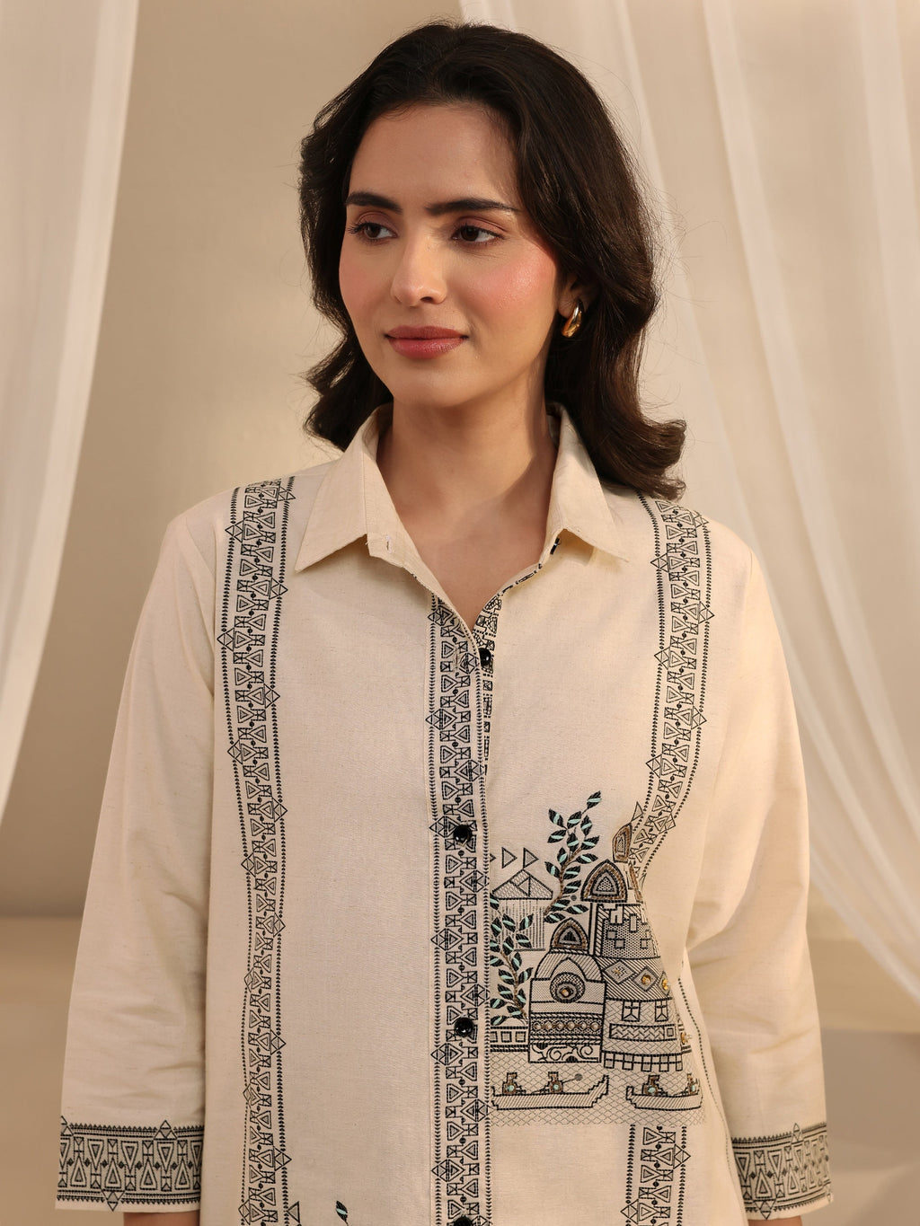 Libas Off White Ethnic Woven Design Cotton Shirt