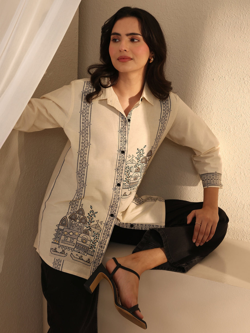 Libas Off White Ethnic Woven Design Cotton Shirt