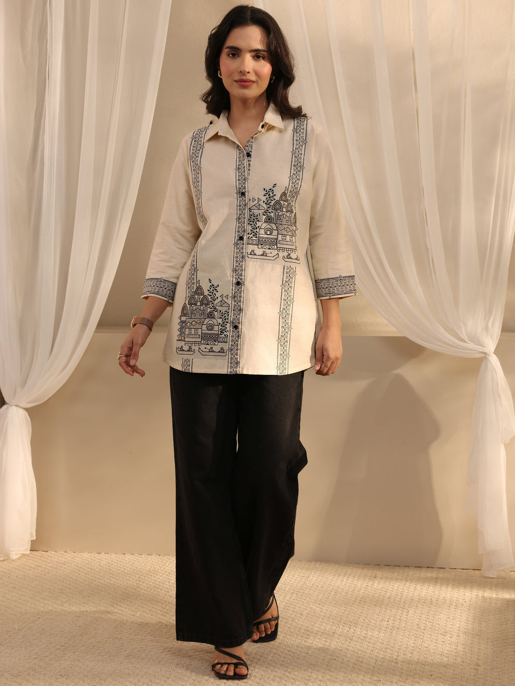 Libas Off White Ethnic Woven Design Cotton Shirt