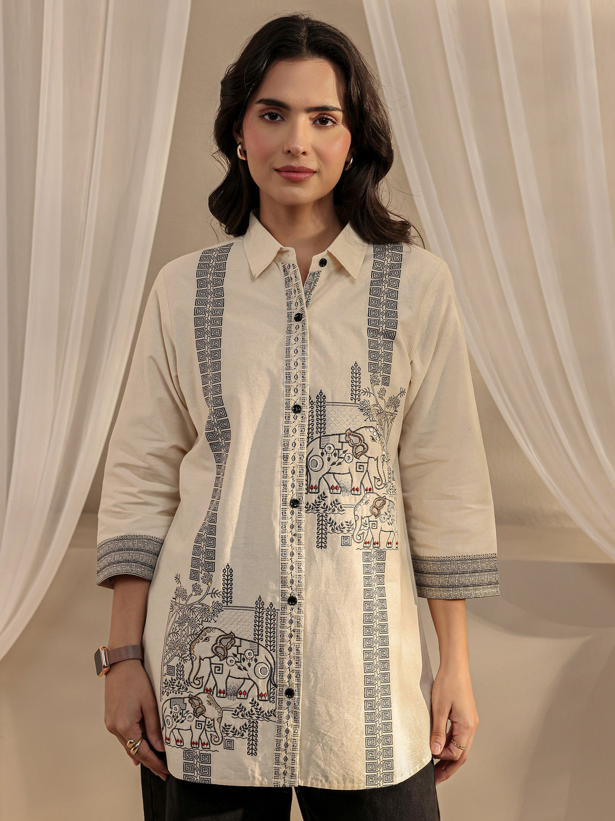 Libas Off White Humanoid Printed Cotton Shirt