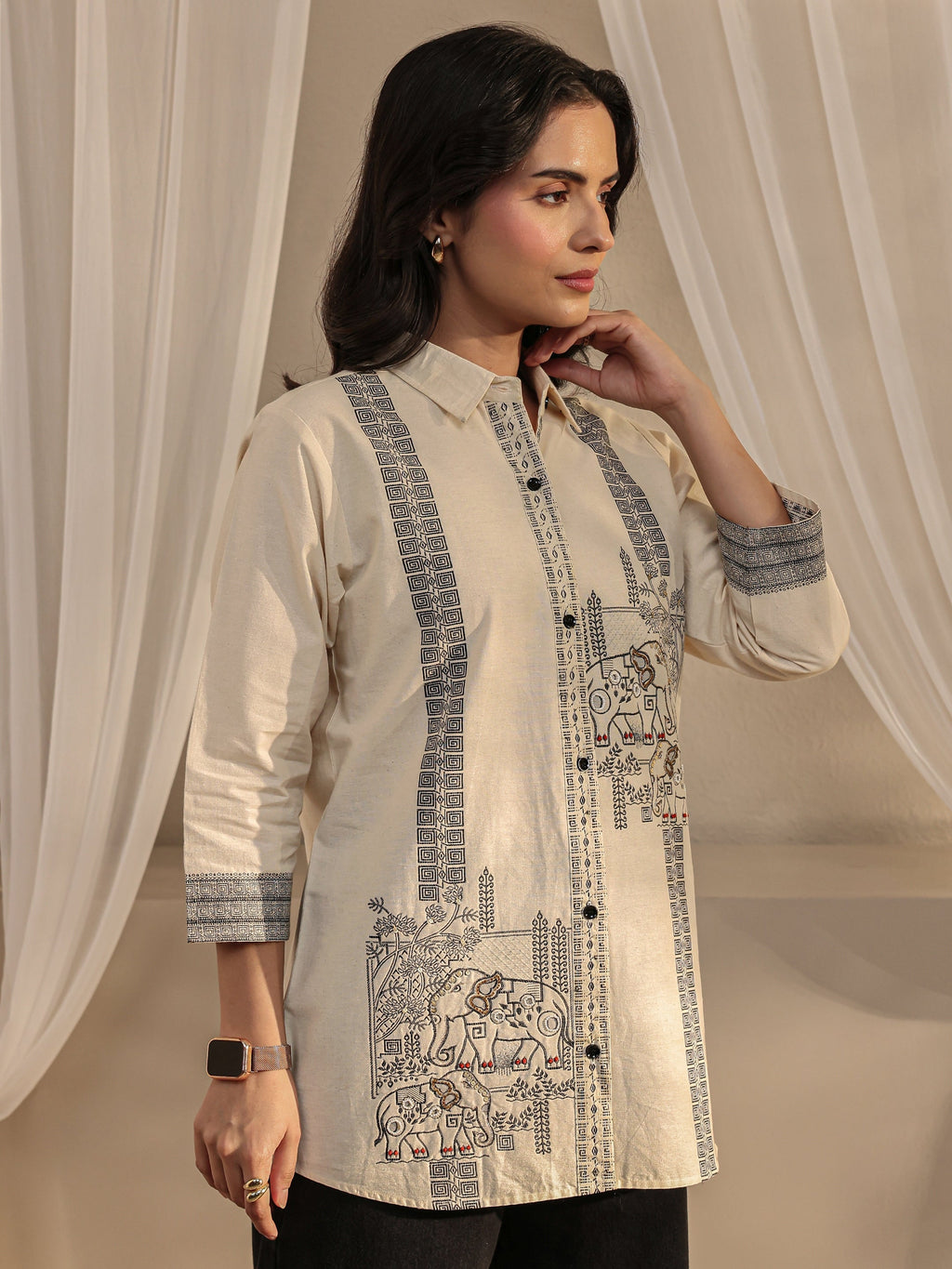 Libas Off White Humanoid Printed Cotton Shirt