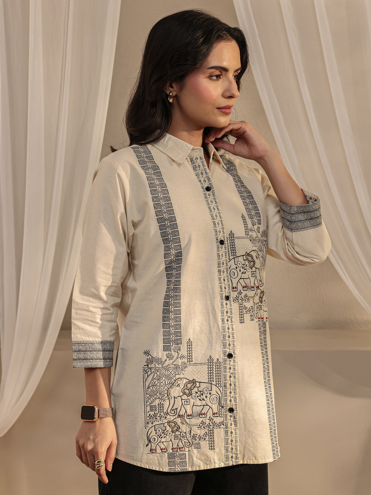 Libas Off White Humanoid Printed Cotton Shirt