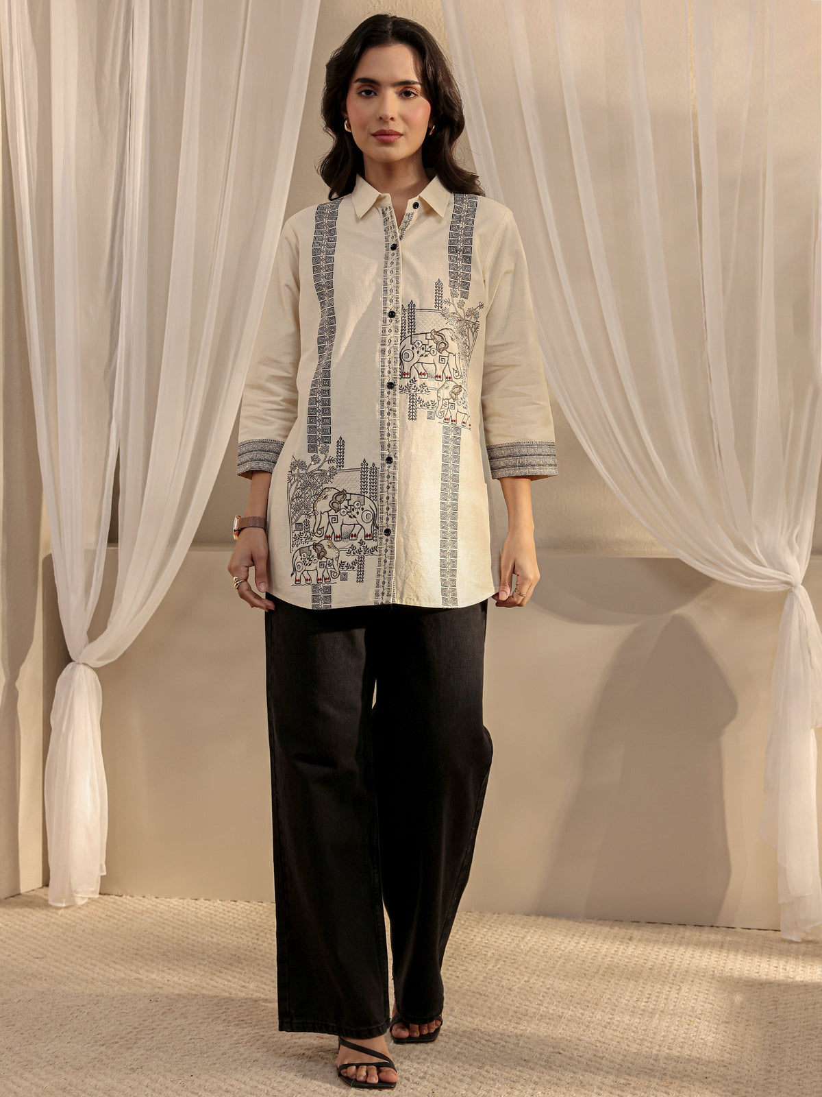 Libas Off White Humanoid Printed Cotton Shirt