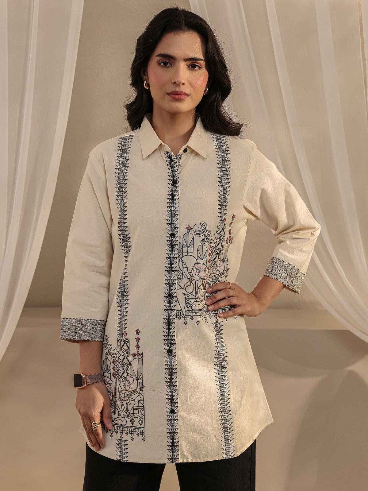 Libas Off White Ethnic Woven Design Cotton Shirt K60