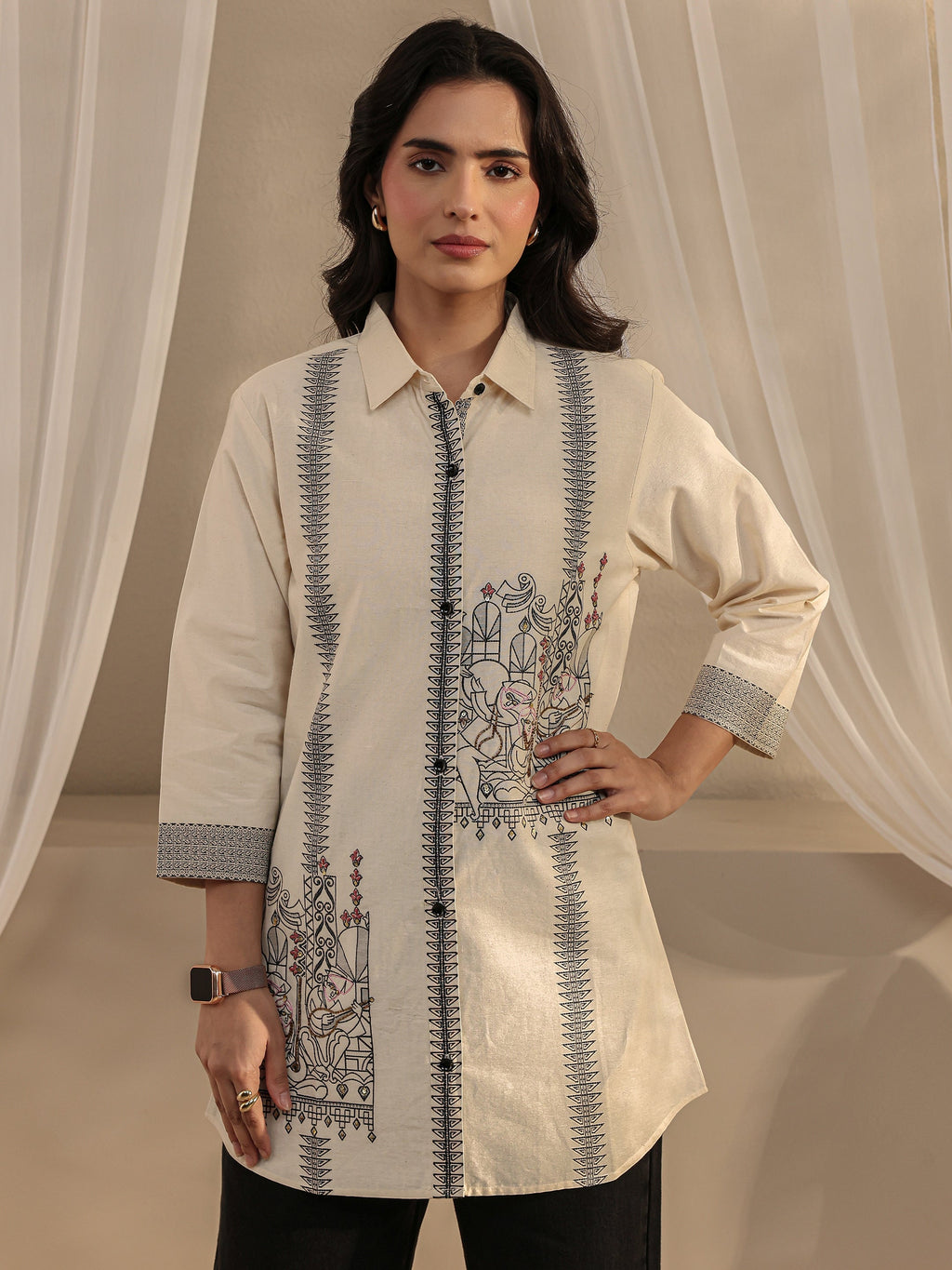 Libas Off White Ethnic Woven Design Cotton Shirt