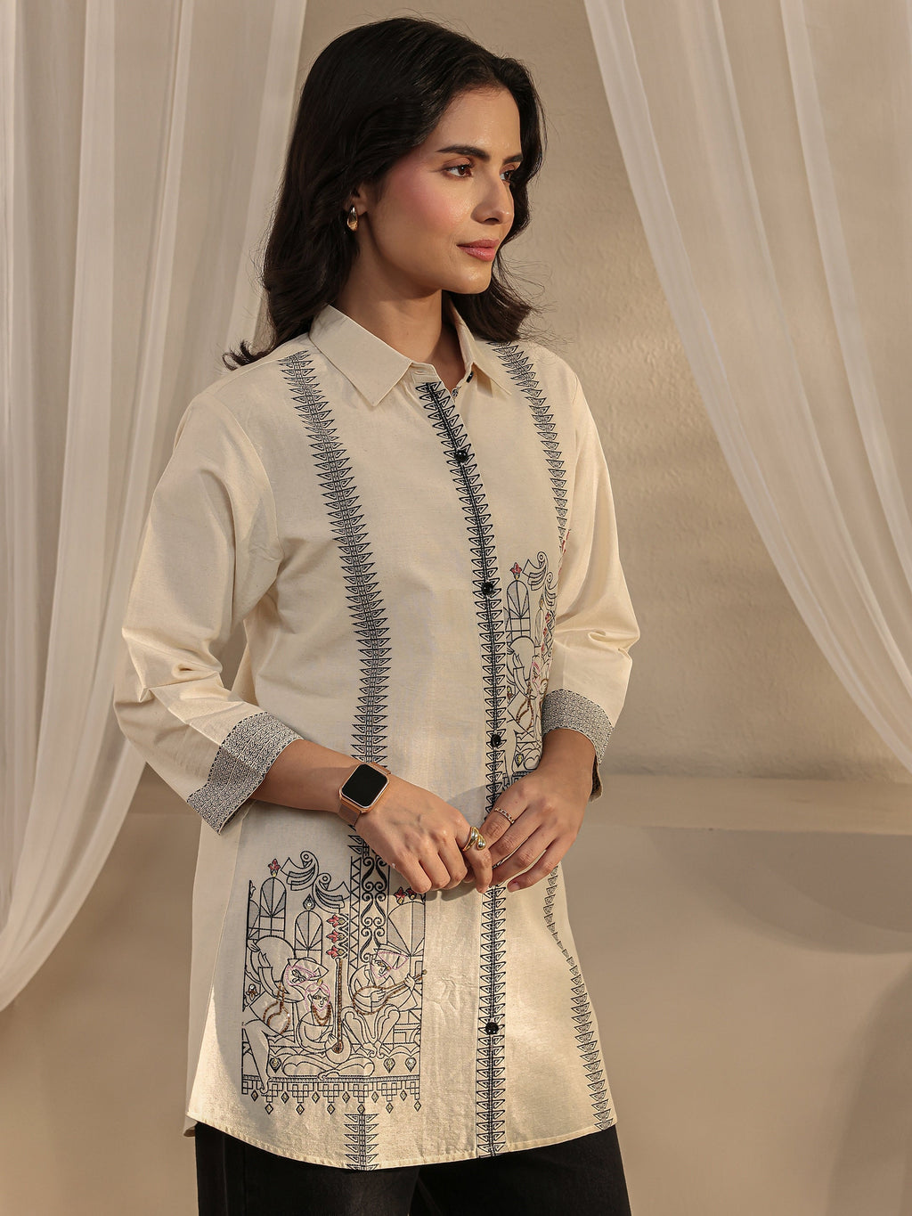 Libas Off White Ethnic Woven Design Cotton Shirt