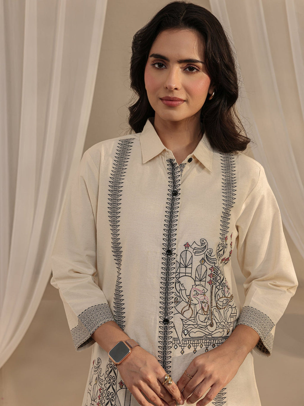 Libas Off White Ethnic Woven Design Cotton Shirt K60