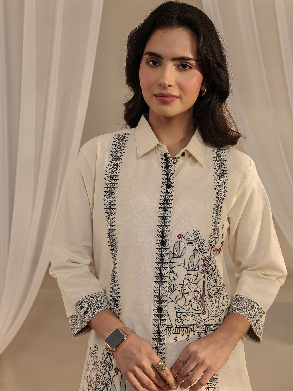Libas Off White Ethnic Woven Design Cotton Shirt
