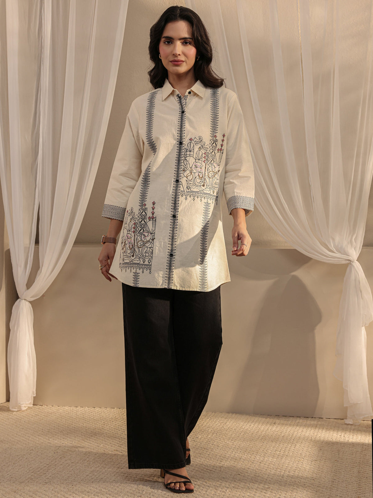 Libas Off White Ethnic Woven Design Cotton Shirt