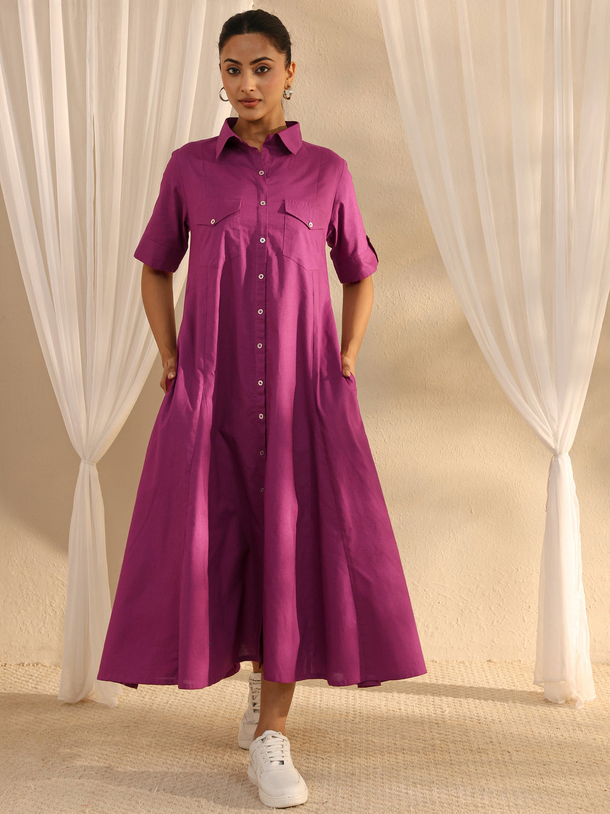 Libas Burgundy Shirt Style Cotton A-Line One Piece Dress