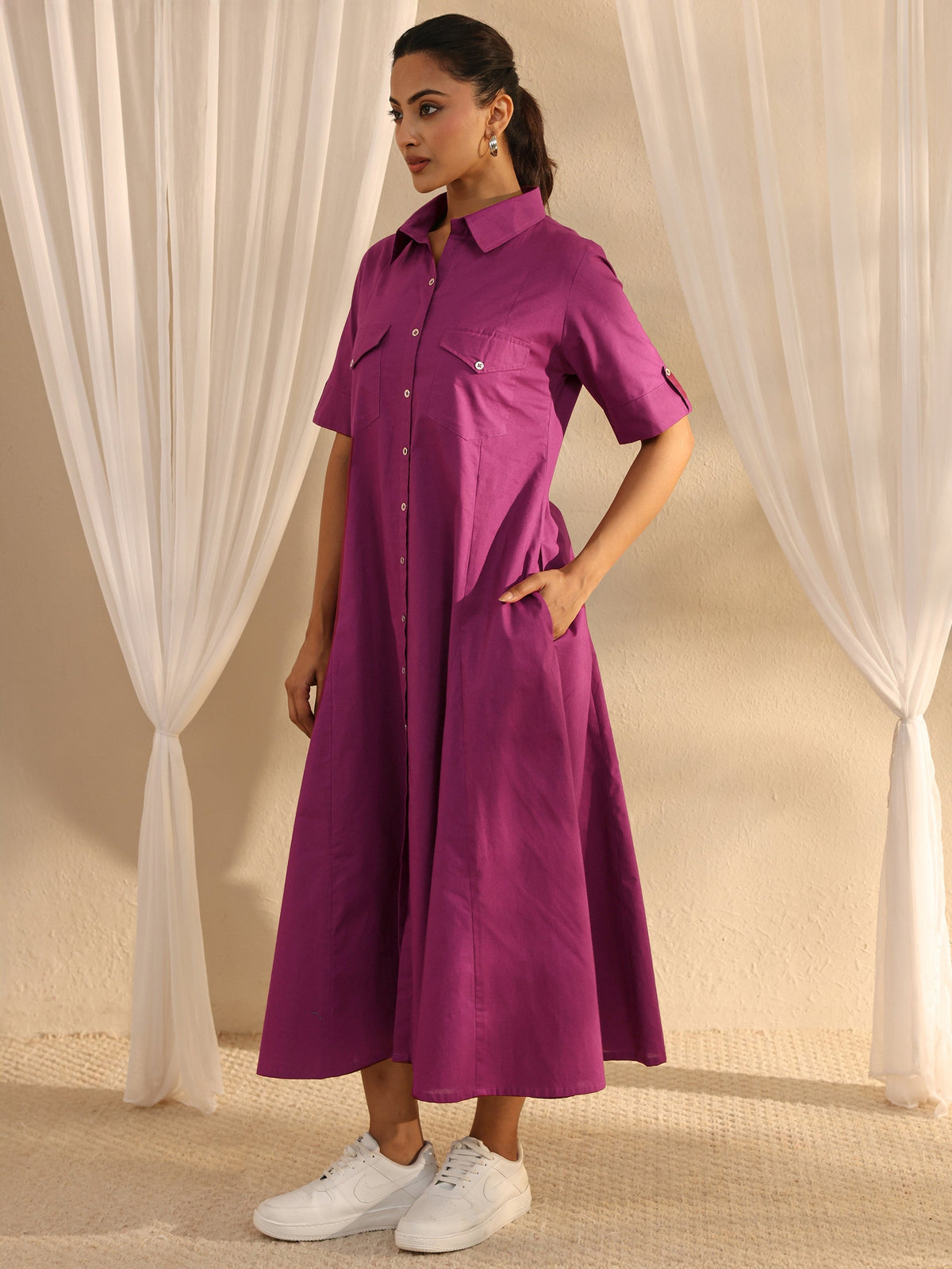 Libas Burgundy Shirt Style Cotton A-Line One Piece Dress