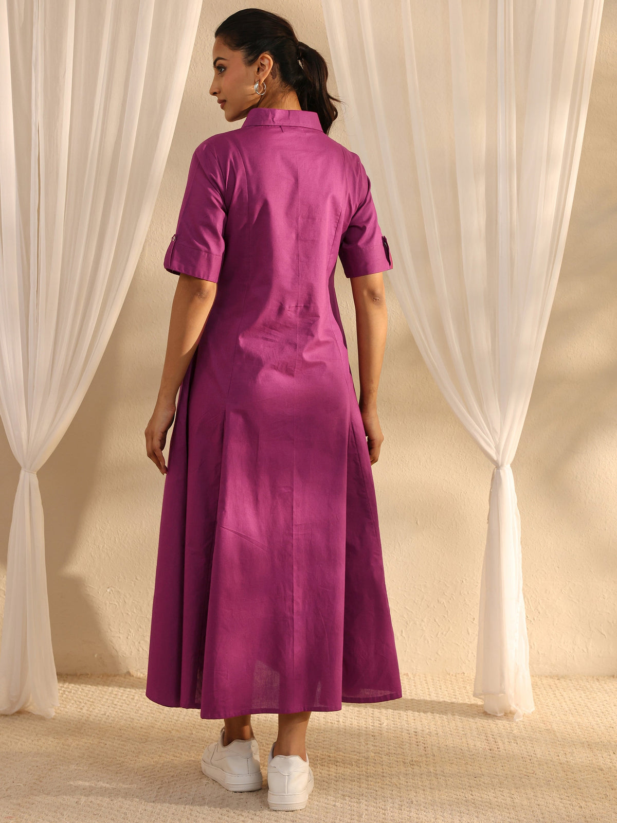 Libas Burgundy Shirt Style Cotton A-Line One Piece Dress