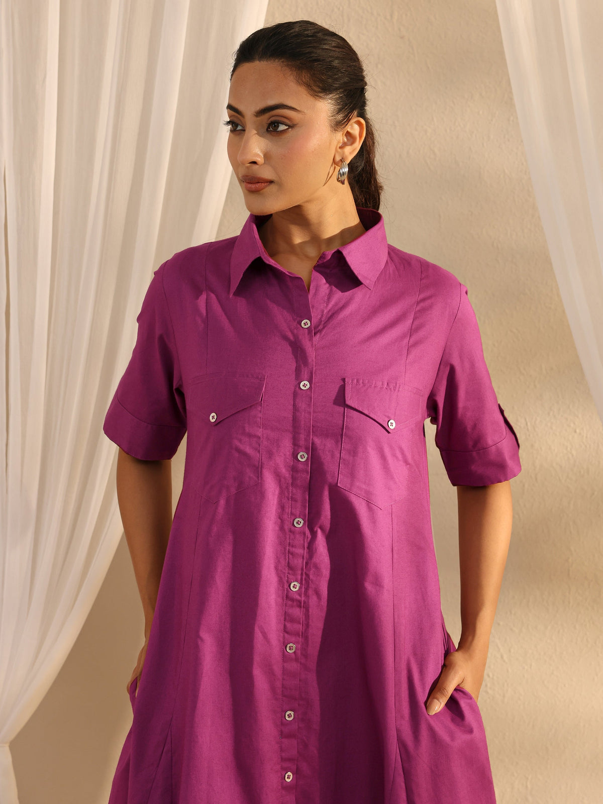 Libas Burgundy Shirt Style Cotton A-Line One Piece Dress