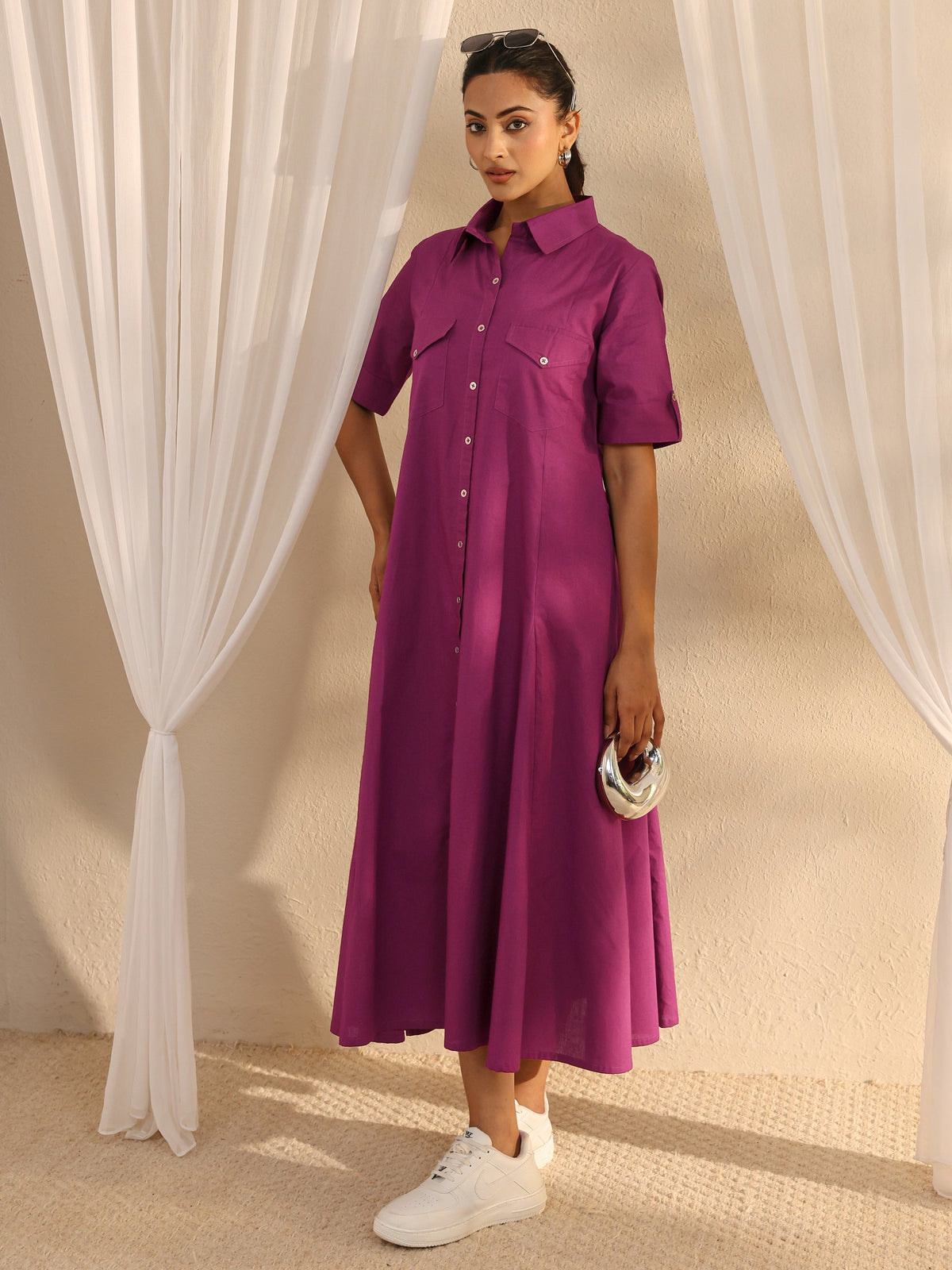 Libas Burgundy Shirt Style Cotton A-Line One Piece Dress