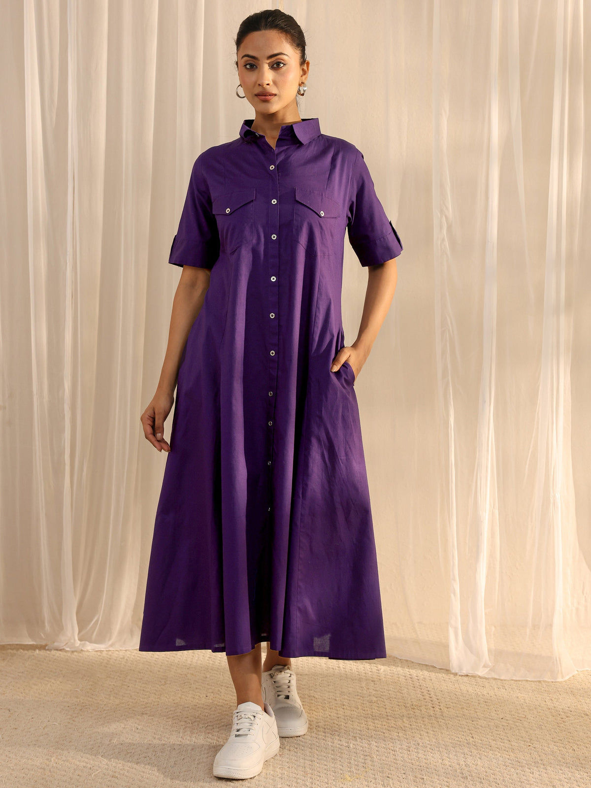 Libas Purple Shirt Style Cotton A-Line One Piece Dress