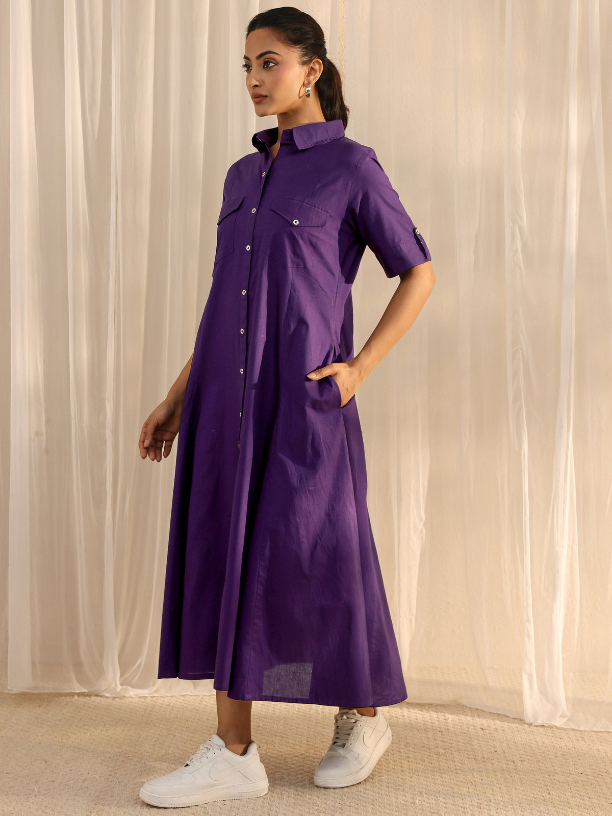 Libas Purple Shirt Style Cotton A-Line One Piece Dress