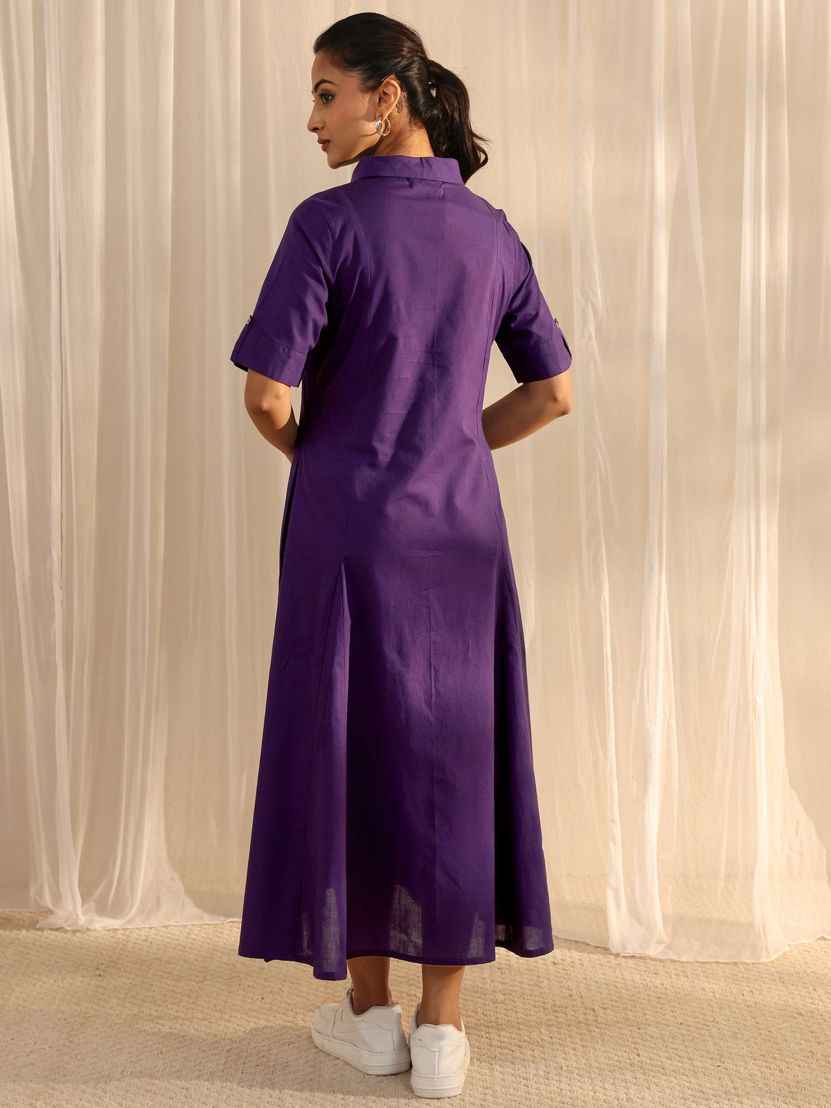 Libas Purple Shirt Style Cotton A-Line One Piece Dress