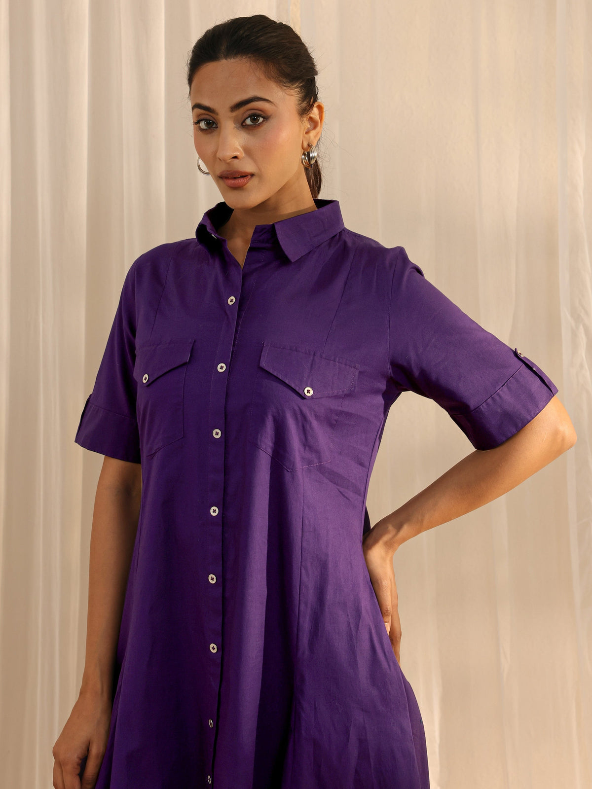 Libas Purple Shirt Style Cotton A-Line One Piece Dress