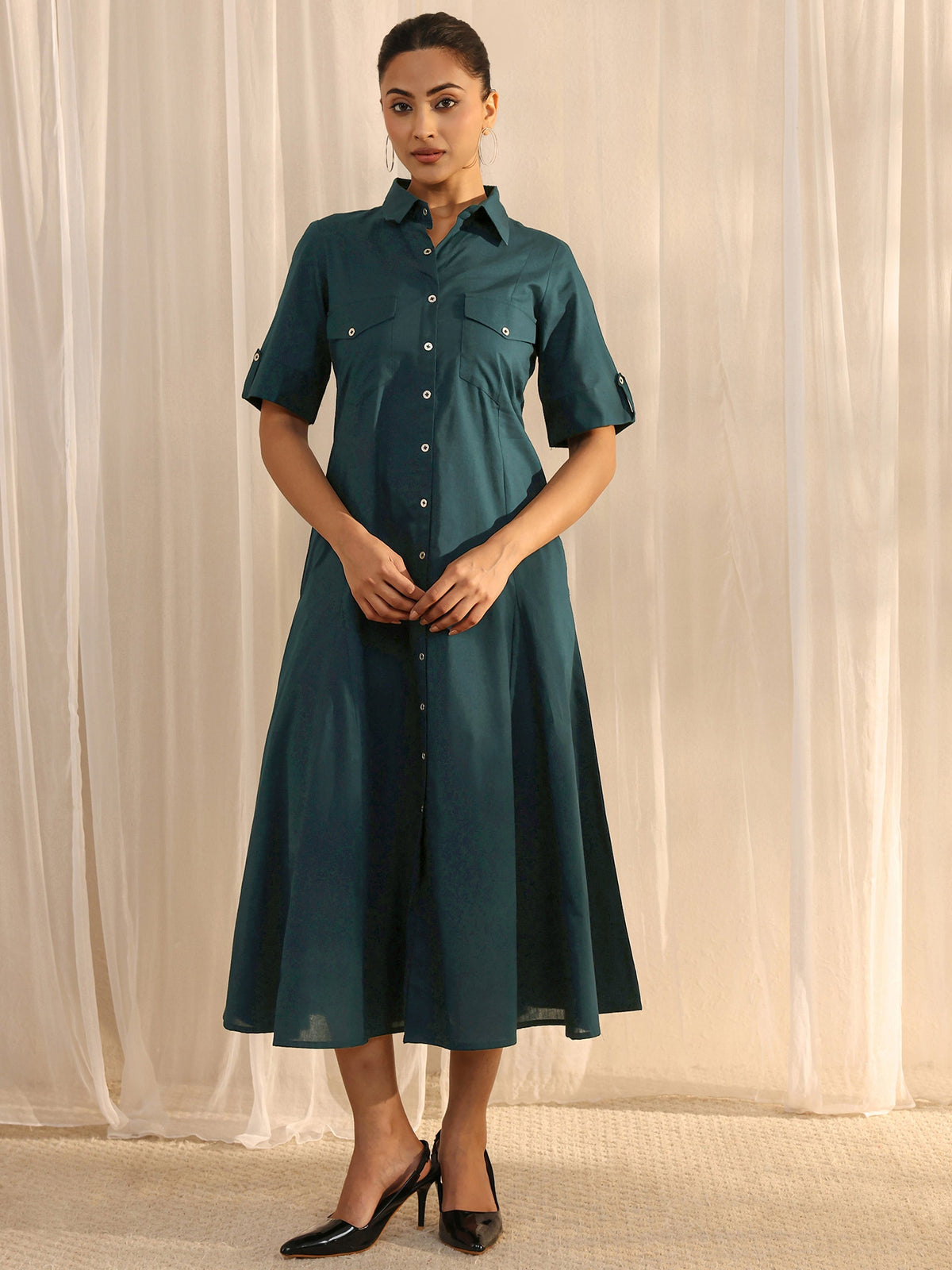 Libas Green Shirt Style Cotton A-Line One Piece Dress