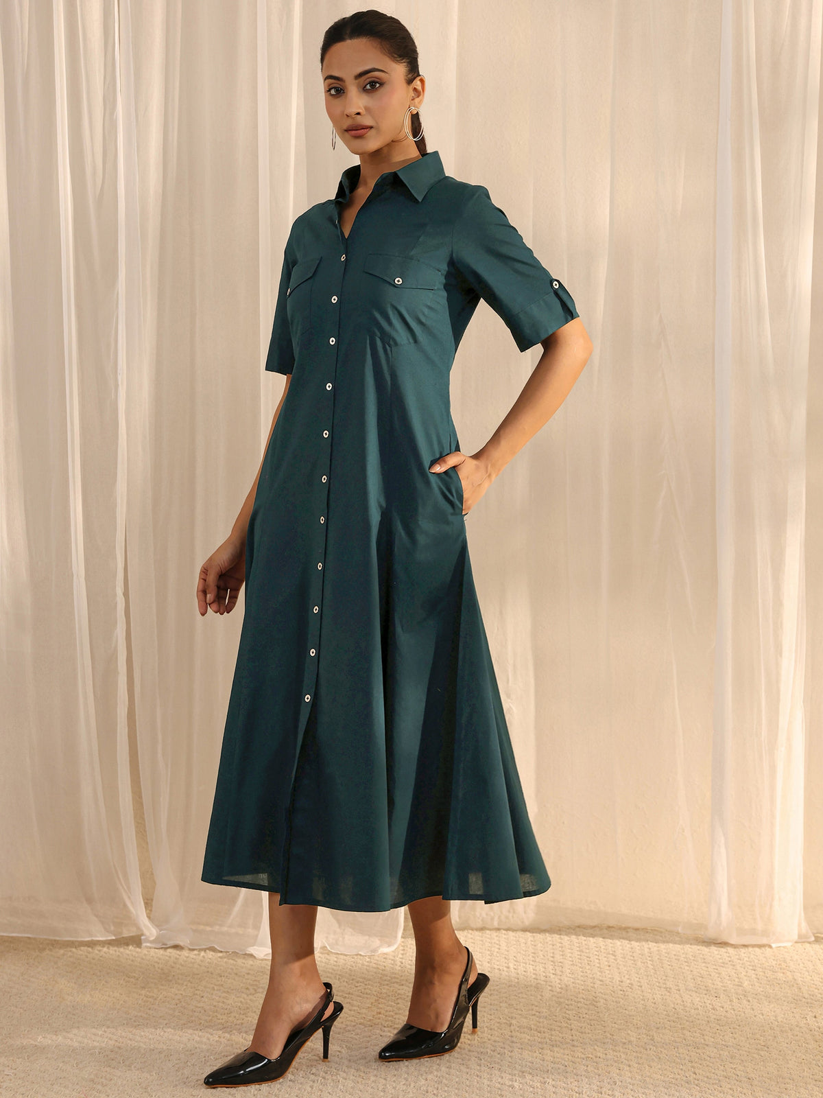 Libas Green Shirt Style Cotton A-Line One Piece Dress