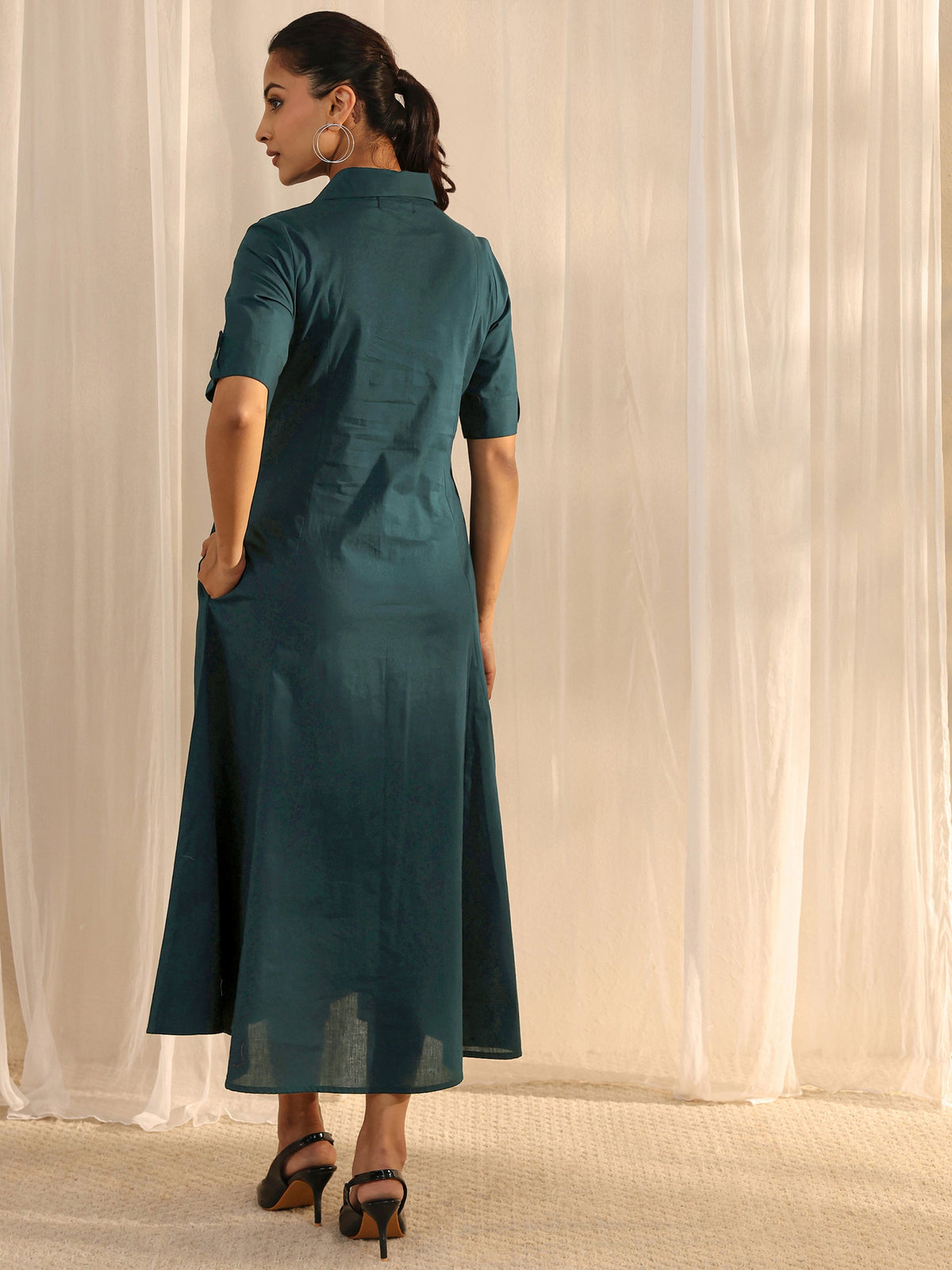 Libas Green Shirt Style Cotton A-Line One Piece Dress