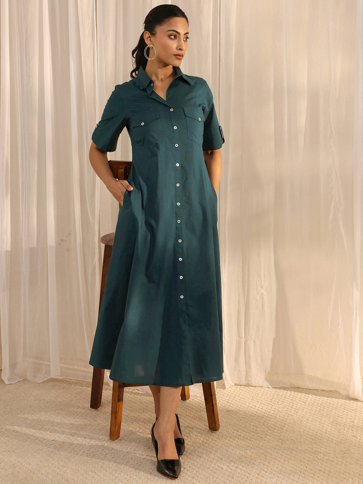 Libas Green Shirt Style Cotton A-Line One Piece Dress