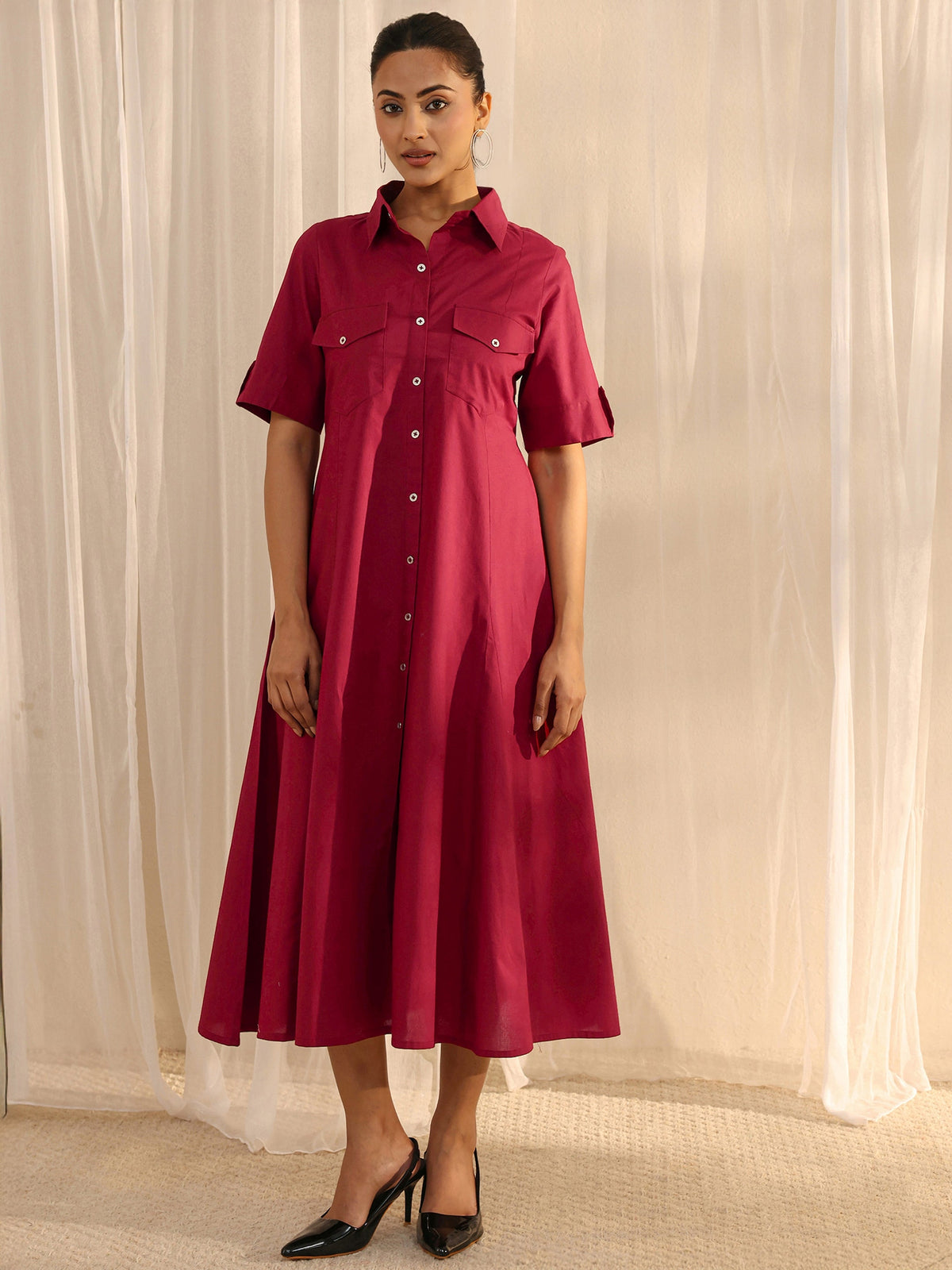 Libas Red Shirt Style Cotton A-Line One Piece Dress
