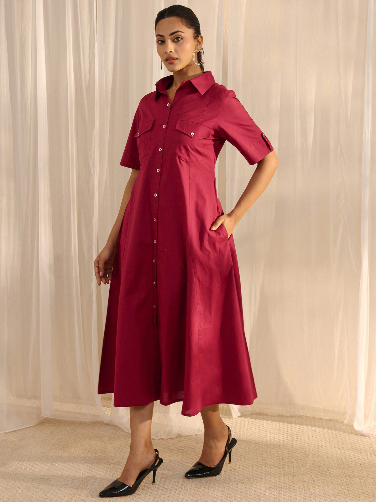 Libas Red Shirt Style Cotton A-Line One Piece Dress