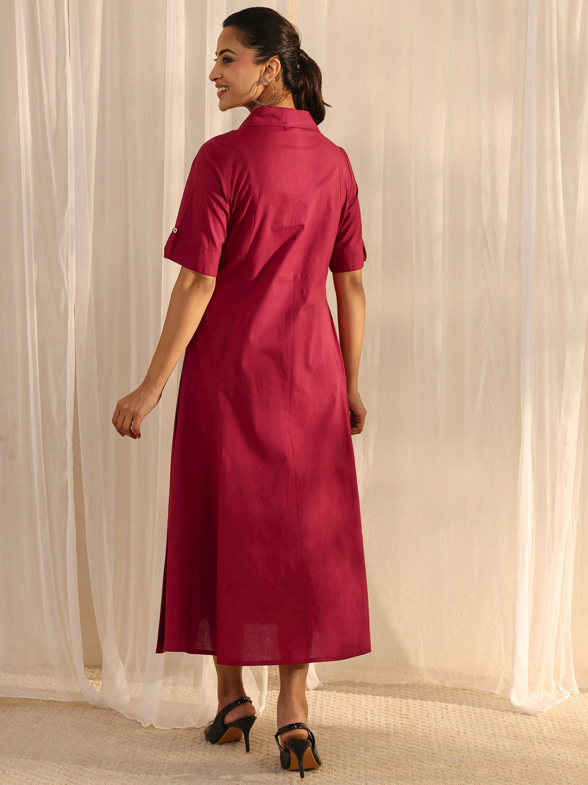 Libas Red Shirt Style Cotton A-Line One Piece Dress