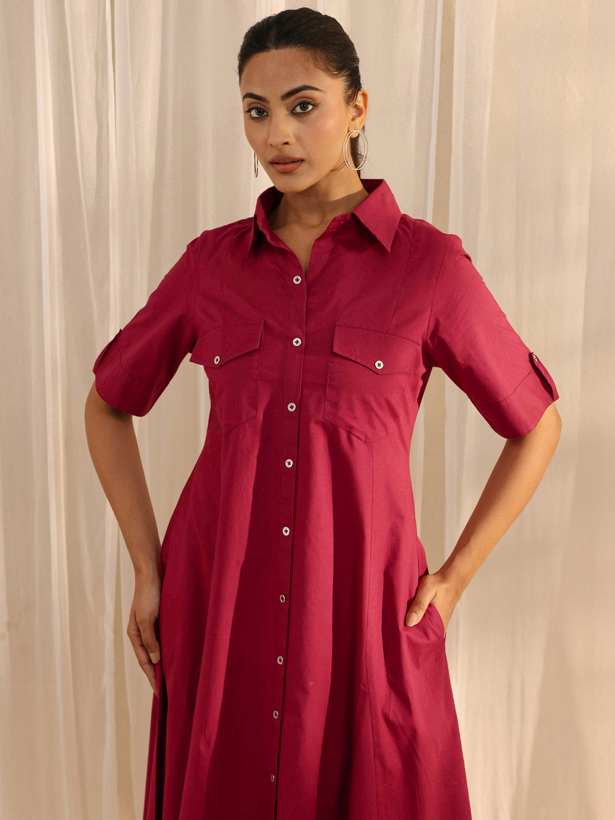 Libas Red Shirt Style Cotton A-Line One Piece Dress