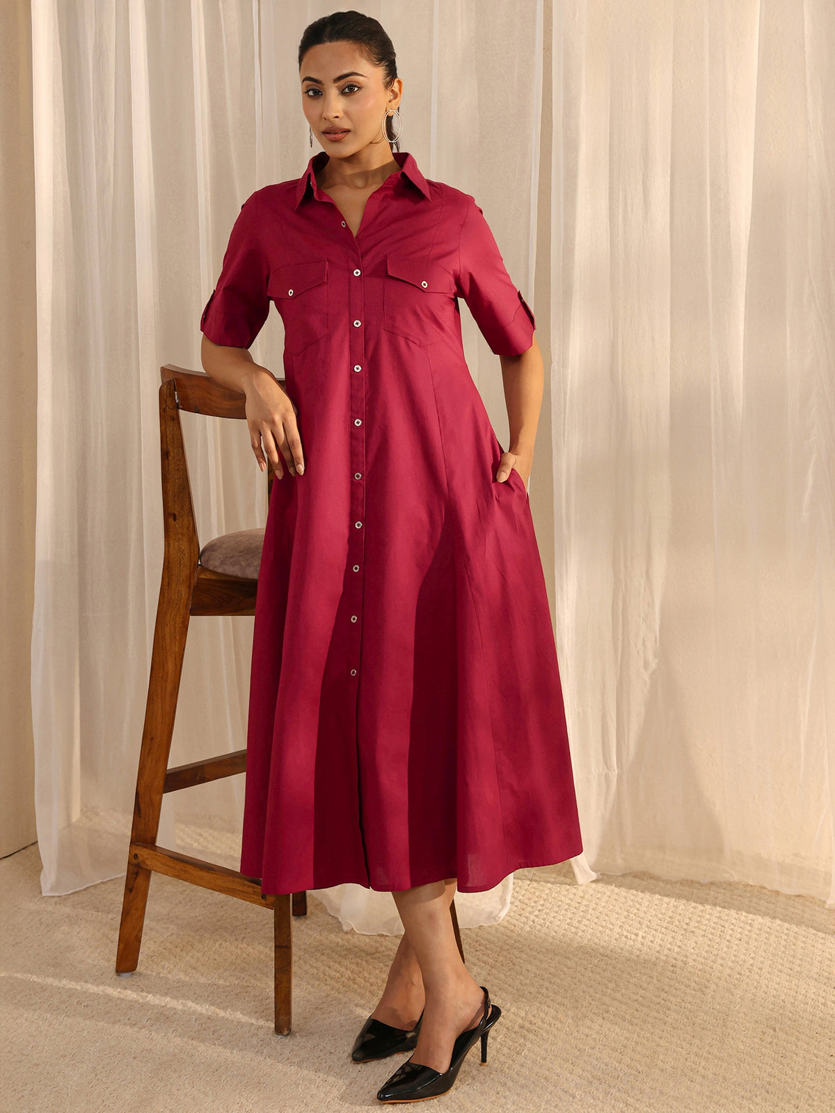 Libas Red Shirt Style Cotton A-Line One Piece Dress