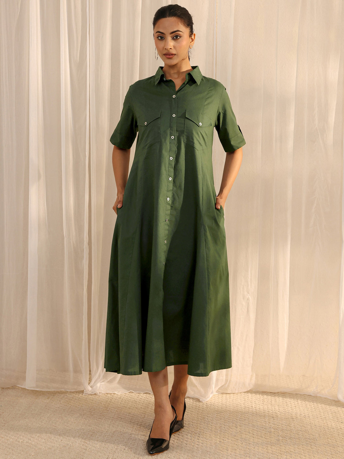 Libas Green Shirt Style Cotton A-Line One Piece Dress