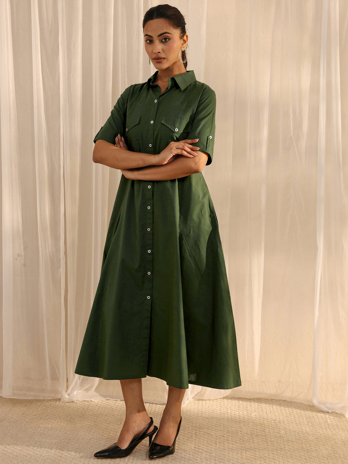 Libas Green Shirt Style Cotton A-Line One Piece Dress